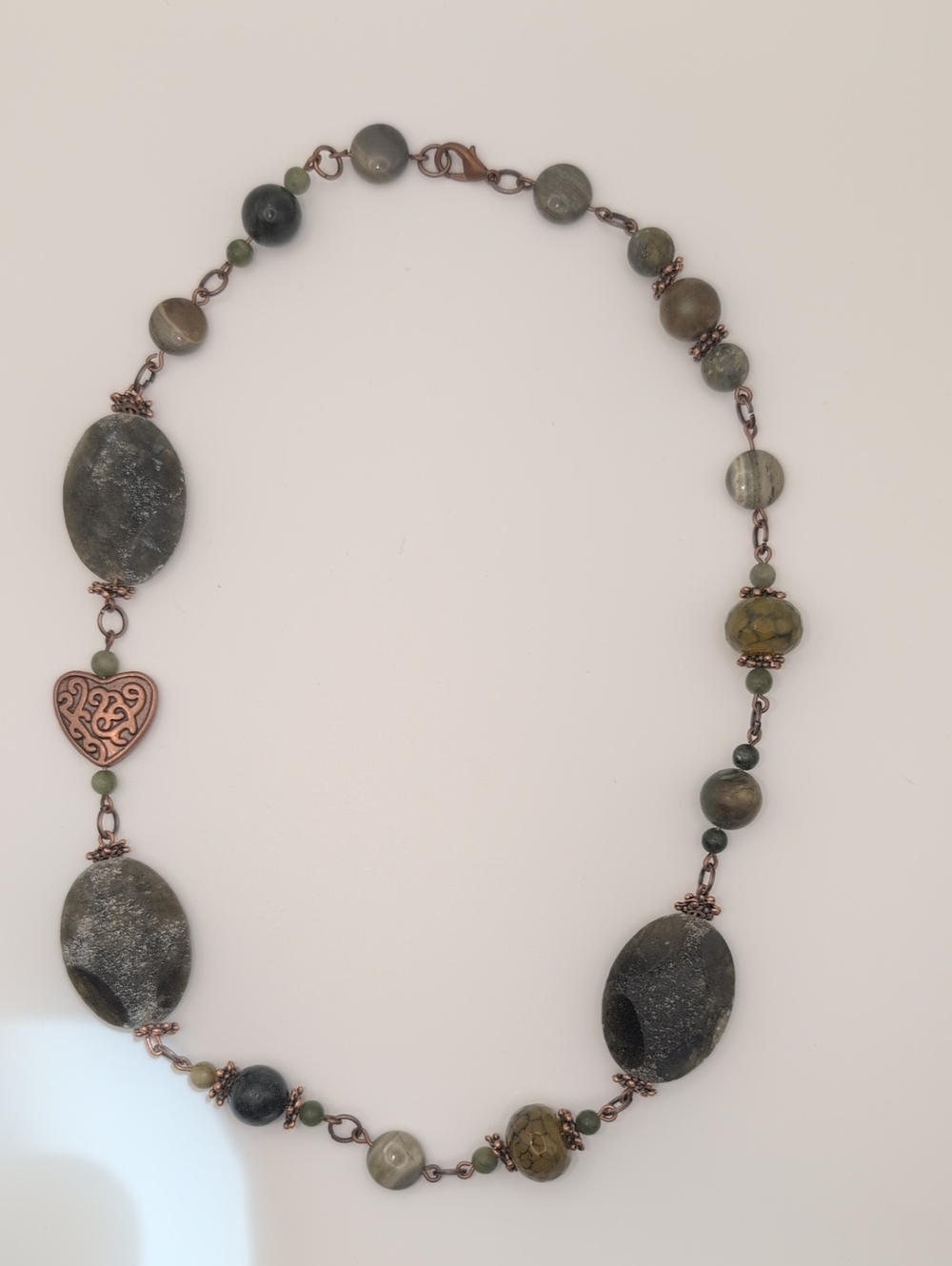 Handmade Labradorite, Jade Stone and Copper Heart Necklace 18"